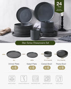 Famiware Star Dinnerware Set with Pasta Bowls, Service for 6 (24 Pieces), Ribbed Stoneware Plates and Double Bowls Sets - Chip & Scratch Resistant, Microwave & Dishwasher Safe, Matte Dark Charcoal