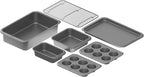 Chicago Metallic 7-Piece Nesting Bakeware Set - Carbon Steel Nonstick Baking Sheet, Loaf Pan, Muffin Pan, Cake Pan, Roaster and Cooling Rack - Space-Saving Kitchen Essentials