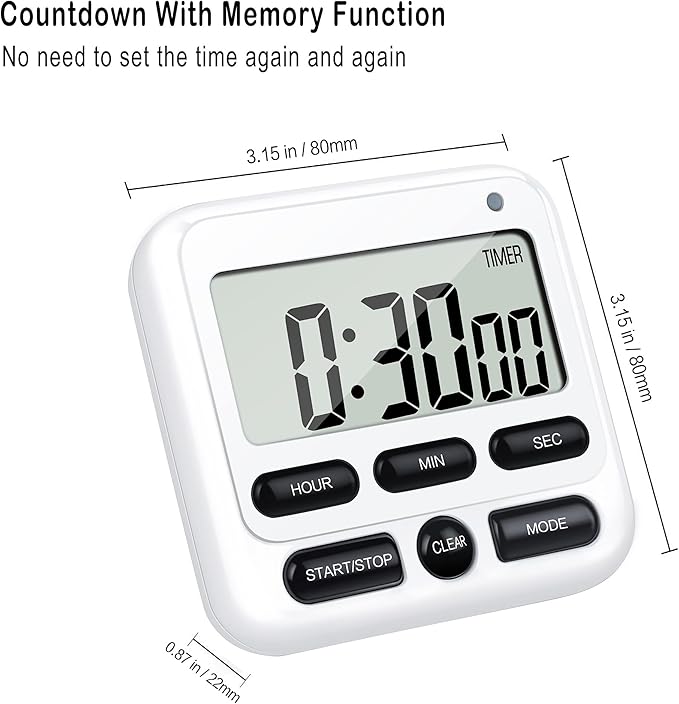 KTKUDY Digital Kitchen Timer with Mute/Loud Alarm Switch ON/Off Switch, 12-Hour Clock & Alarm, Memory Function Count Up & Count Down for Kids Teachers Cooking, Large LCD Display, Strong Magnet (White)