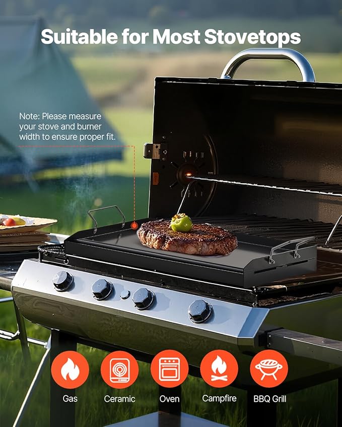 VEVOR Carbon Steel Griddle, 24x16 inch Universal Flat Top Rectangular Plate, Gas Grill Griddle for BBQ Grill, Teppanyaki, Portable Family Cookware with Handle, for Camping Tailgating Party