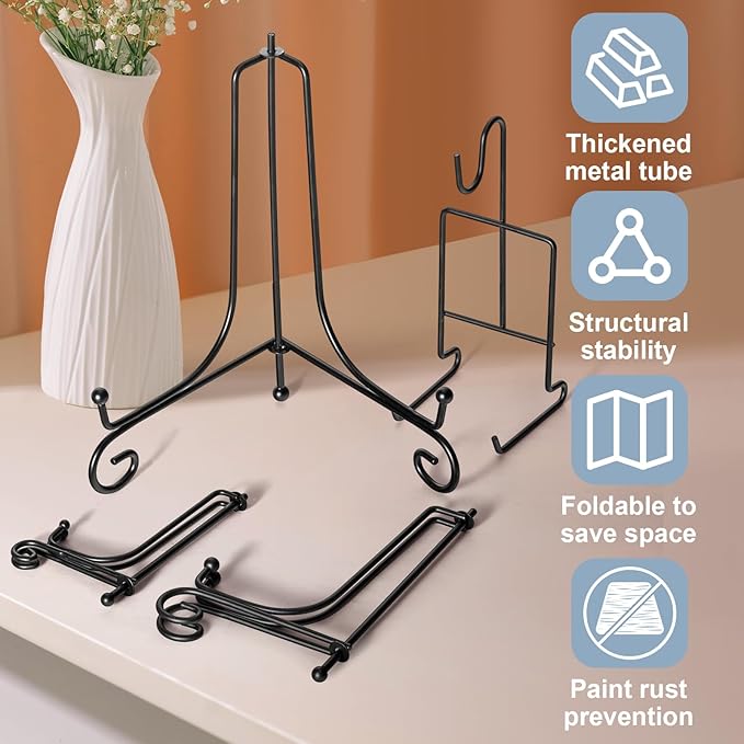 6 Pcs 3 Size Black Plate Stands for Display, 4 6 8 Inch Holder & Cup and Saucer Display Stand for Picture Frames, Book, Card, Mug Organizer, Bowl, Decorative Plates, Tablet, Art
