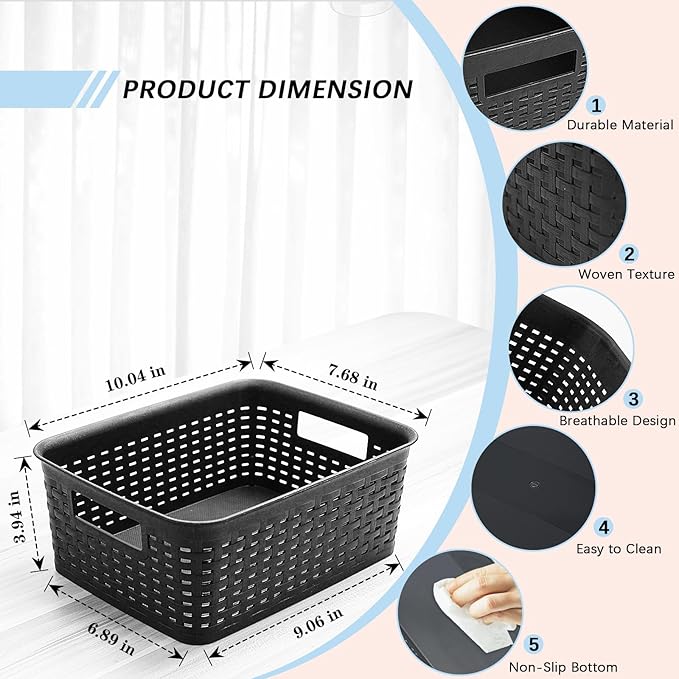 Soddeph Plastic Storage Baskets for Cabinets, Household Pantry Organization with Handle,Organizer Bins for Room,Bathrooms,Under-Sink,Kitchen (Black, S-5PACK)