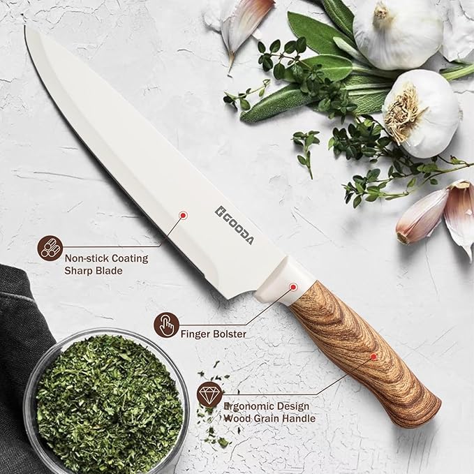 Knife Set,GOODA 9 Piece Kitchen Knife Set with Block and Sharpener, Anti-Rust Stainless Steel Cooking Knives Set for Kitchen, Chef Knife Block Set