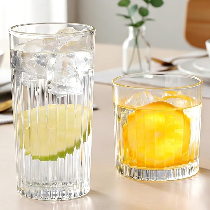Laerjin Drinking Glasses Set of 8, 12 oz Highball Glasses & 10 oz Cocktail Glasses Set, Ribbed Glass Cups,Thick Glass Cups, Kitchen Water Glasses Cup, Bar Tumbler Glassware for Beer, Whiskey(Clear)
