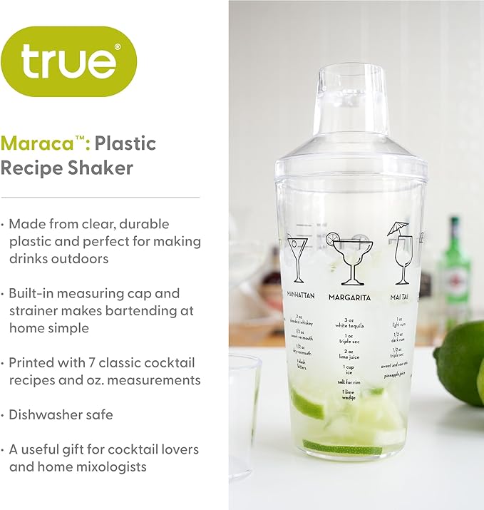 True Maraca Cocktail Shaker with Built In Strainer, Drink Mixer with 7 Classic Drink Recipes & Measurements, Perfect for Game Nights, BBQ, House Party, Picnic, Home Bar Accessories, 16 oz, Set of 1