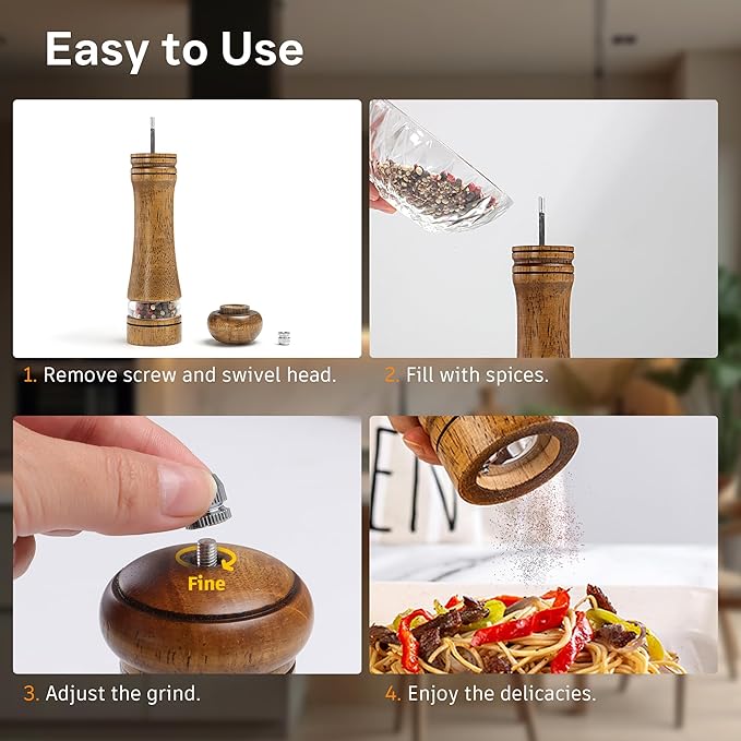 Wooden Salt and Pepper Grinder Set, Premium Oak Wood Salt Grinders Shakers, Pepper Mill with Acrylic Clear Window, Adjustable Ceramic Grinder (8″ - 2 Packs with Tray)