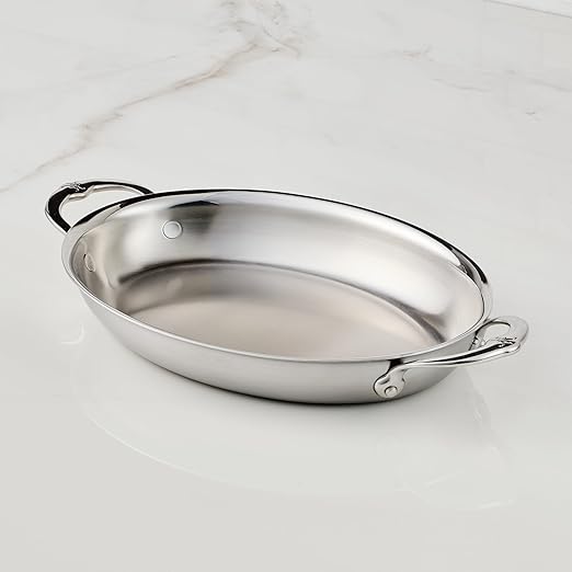 Hestan Provisions Oval Au Gratin Baking Dish, 2 Quart Clad Stainless Steel, 12.5 x 9 Inch - Oven Safe 600F, Kitchen to Table Serving, Designed with Thomas Keller