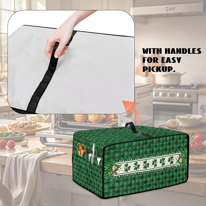 Shamrock Gnome Dog Print Toaster Oven Cover for St. Patrick's Day Decor, Checkered Pattern Microwave Cover for Kitchen Countertop Appliance Dust Protector Oven Accessories, Green, M