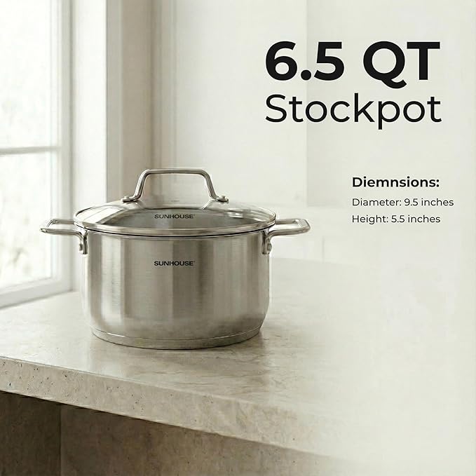 SUNHOUSE 18/8 Stainless Steel Stock Pot - 6.5 Quart Heavy-Duty Induction Cooking Pot with Visible Lid for Pasta, Soup, Spaghetti - Nonstick Thick-Bottom Deep Stockpot