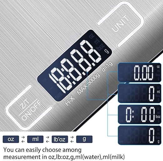 Digital Kitchen Scale,Food Scale for Meat Baking Weighter,Unit Gram OZ lb Up 11 lb(1g-5KG),Silver Stainless Steel Anti-Fingerprint with Accuracy LCD Display for Cooking Black(Include AAA Battery)