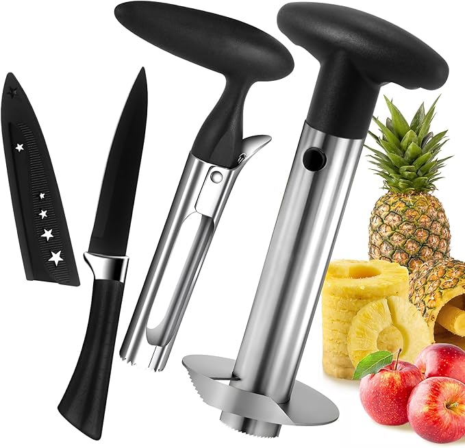 Pineapple Corer and Slicer, Stainless Steel Pineapple Cutter and Corer, Upgraded Pineapple Peeler and Apple Corer Tool with Pineapple Core Remover for Corer Tool Kitchen (Black)