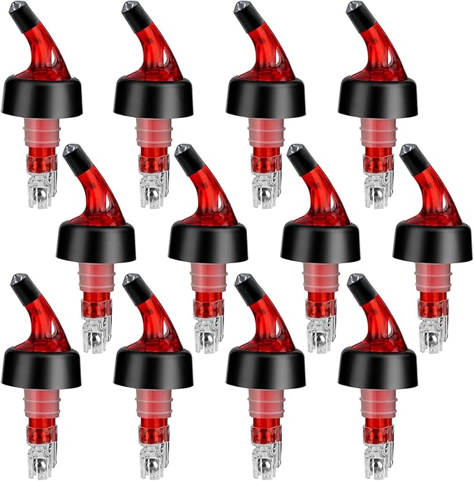 Automatic Measured Bottle Pourer - Quick Shot Spirit Liquor Pour Spouts with Dust Caps for Wine Cocktail Beverages - Ideal Home Bar Tools 1.5 oz / 45ml (Red, 12 Pack)
