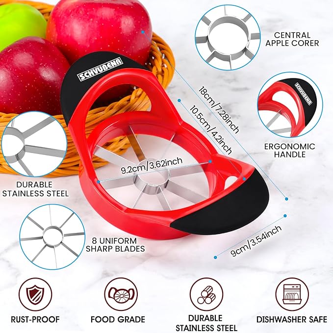 SCHVUBENR 3.5 Inch Apple Slicer - Professional Apple Cutter - Stainless Steel Apple Corer - Super Sharp Apple Slicer and Corer - Apple Tool with 8 Sharp Blades(Red)