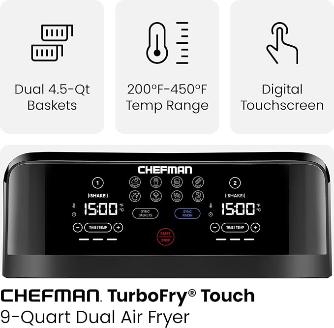 Chefman TurboFry Touch Dual Air Fryer, Maximize The Healthiest Meals With Double Basket Capacity, One-Touch Digital Controls And Shake Reminder For The Perfect Crispy And Low-Calorie Finish