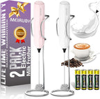 MEIRUBY 2-Pack Milk Frother Handheld with Stand, Valentines Day Gifts for Him and Her, Powerful Electric Coffee Frother, Coffee Lover Gift for Lattes, Cappuccino, Matcha & Hot Chocolate, White/Pink
