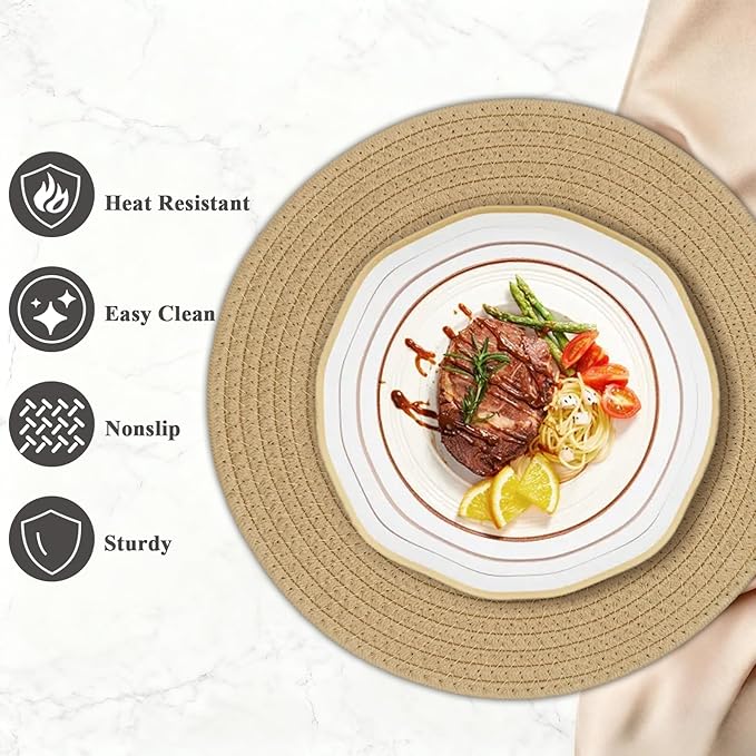Round Placemats Set of 6, Cotton Rope Woven Table Mats, Hot Pads for Kitchen, Non Slip Heat Resistant Place Mats, 13 Inches Braided Placemat for Farmhouse Decor and Kitchen Table Decor (Khaki)