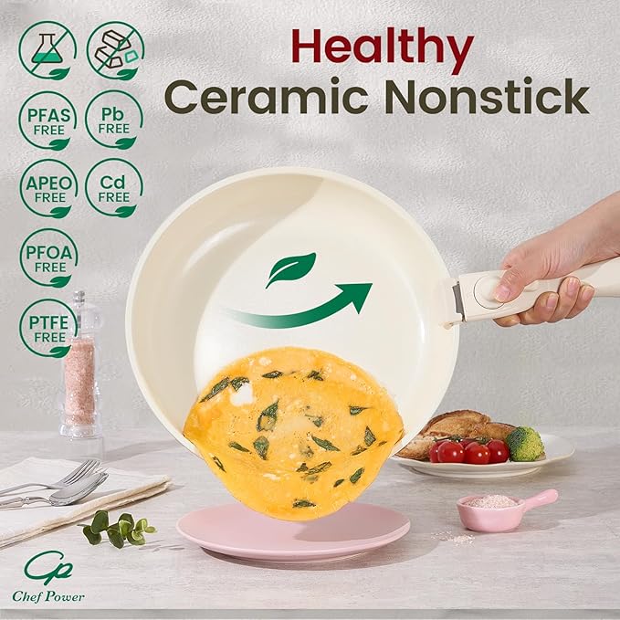 Chef Power Ceramic Nonstick Pots and Pans Set 19 Piece with Detachable Handle, Induction Dishwasher Oven Safe Cookware Set, RV Kitchen Set Removable Handle (Light Pink)