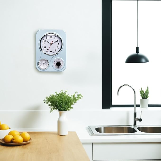 Lily's Home - 9.5 Inch x 12.5 Inch - Retro Kitchen Wall Clock, Vintage Wall Clock with a Thermometer and 60-Minute Timer, Ideal for Any Kitchen, Office, or Diner (Light Blue)