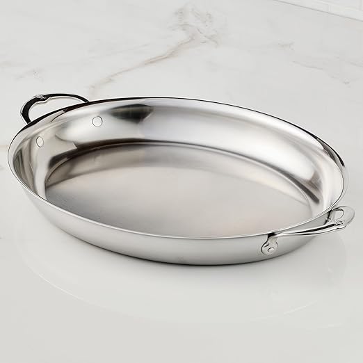 Hestan Provisions Oval Roasting Pan and Au Gratin Dish, 5.5 Quart Clad Stainless Steel, 17.5 x 14 Inch - Designed with Thomas Keller, Oven Safe 600F, Dishwasher Safe