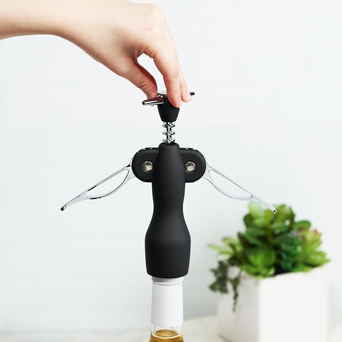 True Duke Winged Corkscrew Wine Opener, Multi-Purpose Bottle Opener for Beers and Soft Drinks, Stainless Steel and Non Slip Comfort Grip for Bartenders, Home Bar, Kitchen Essentials, Set of 1, Black