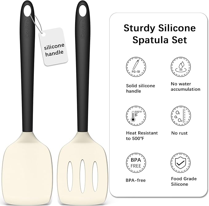 Coukre 2 Pack Silicone Spatula Set, High Heat Resistant, BPA Free Kitchen Spatula, Solid & Slotted Turner for Non-Stick Pans, Sautéing, and Flipping (2, BeigeBlack)