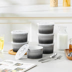 vancasso 6 oz Ramekins with Lid, Porcelain Creme Brulee Souffle Dishes,Set of 6, Grey Pudding Custard Cups Ramiken for Baking, Dishwasher and Oven Safe