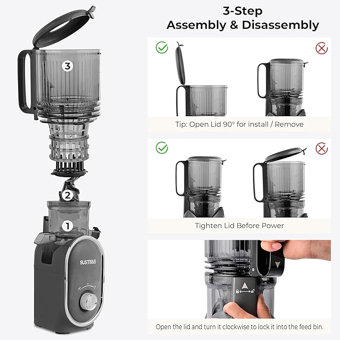 SUSTEAS Cold Press Juicer Machines, 5.3" Feed Chute(50oz Capacity), 300W Slow Masticating Juice Extractor for Whole Fruits and Vegetables, Automatic Feed, High Juice Yield,Easy to Clean, Silver gray