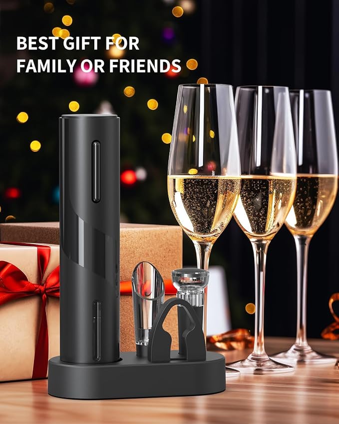 Electric Wine Bottle Opener Rechargeable Wine Corkscrew Opener Gift Set with Foil Cutter, Wine Aerator Pourer and Vacuum Wine StopperIdeal Present for Party, and Home Entertaining.(BLACK)