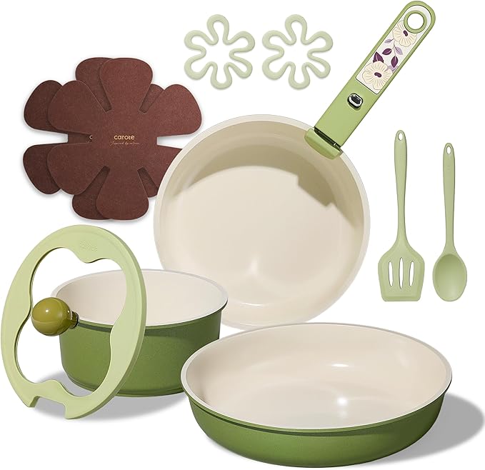 CAROTE 11pcs Ceramic Cookware Set, Pots and Pans Set Non stick, Induction Kitchen Cookware with Removable Handle, RV Dishwasher ＆ Oven Safe, RV/Camping Cookware, PFOA Free, Green