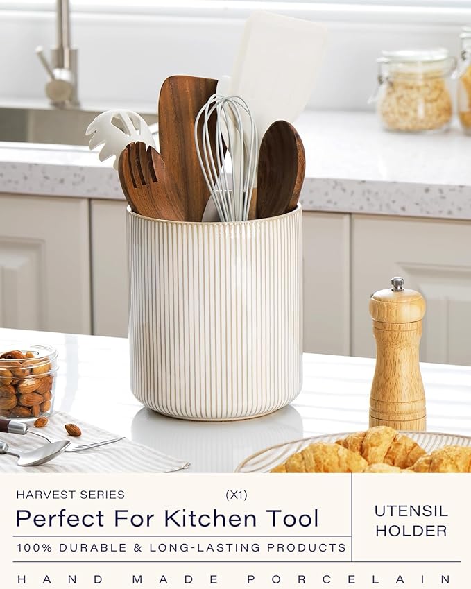 getstar Large Kitchen Utensil Holder for Kitchen Counter (H7.2” x W6.2”), Ceramic Cooking Utensil Holder with Cork Mat (Vintage, Large(7.2"))