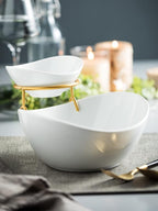 Miamolo Porcelain Serving Bowl Set for Appetizer Serving Dishes Set with 2 Compartment, Chip and Dip Taco Rack Display Salad Bar Serving Set, Gold Stand