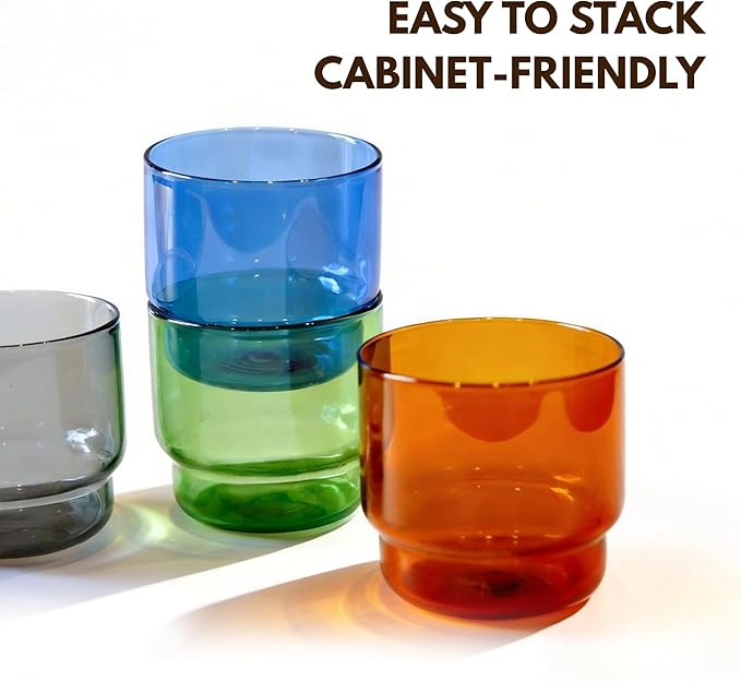 Double Old-Fashioned Glasses Set Of 4 10oz Stackable Borosilicate Glass Cups Retro Color for Wine Cocktails Mocktails Modern Barware Gift Small Bodega Glasses Dishwasher Safe