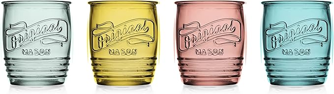 Glaver's Set Of 4 Original Mason Collins Glasses Assorted Colored Drinking Glasses For Juice Smoothies Cocktails Fine Beverage Glass Cups (Original Mason Whiskey Colored 13 OZ.)
