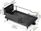 Stainless Steel Dish Drying Rack - Large Capacity Dish Rack for Kitchen Counter with Drain Board, Rustproof Dish Drainer with Drain Spout, Utensil Holder & Glass Holder, Dinnerware Organizer, Black