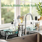 Sponge Holder for Kitchen Sink, Kitchen Sink Caddy with Long-Handled Dish Brushes Holder, 304 Rustproof Stainless Steel Countertop Organizers and Storage, Home Kitchen Sink Accessories(Silver)