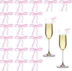 20 Pcs Pink Bow Drink Markers, Coquette Bow Wine Glass Charms, Bar Tools Bow, Acrylic Bow Knot Drink Tag for Wedding Engagement Bachelorette Birthday Tasting Party Decorations Accessory