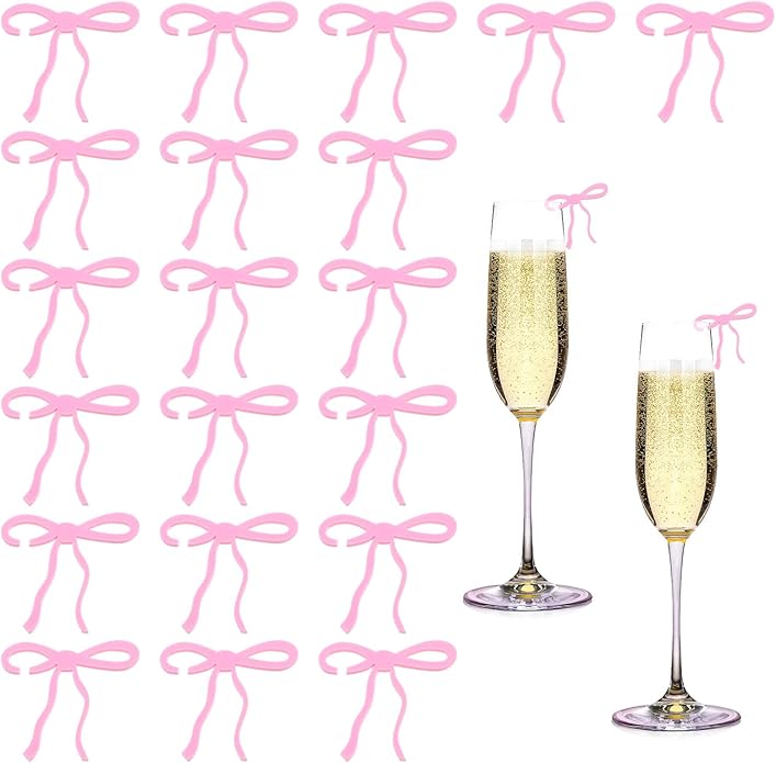 20 Pcs Pink Bow Drink Markers, Coquette Bow Wine Glass Charms, Bar Tools Bow, Acrylic Bow Knot Drink Tag for Wedding Engagement Bachelorette Birthday Tasting Party Decorations Accessory