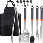 11-Piece Grill Tools Set, BBQ Grilling Accessories with Tongs & Spatua, Stainless Steel Portable Grill Tools Kit with Hooks & Apron Storage Bag for Camping, Grilling Gifts for Men Dad