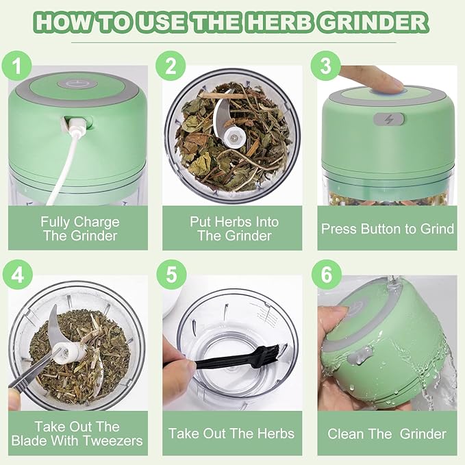 Electric Herb Grinder for Spice- Efficiency 3.4oz Large Grinder for Grinding Fresh and Dry Herb, Portable USB Charge with Clear Chamber, Clean Brush and Tweezers As a Gift (Pale-green)