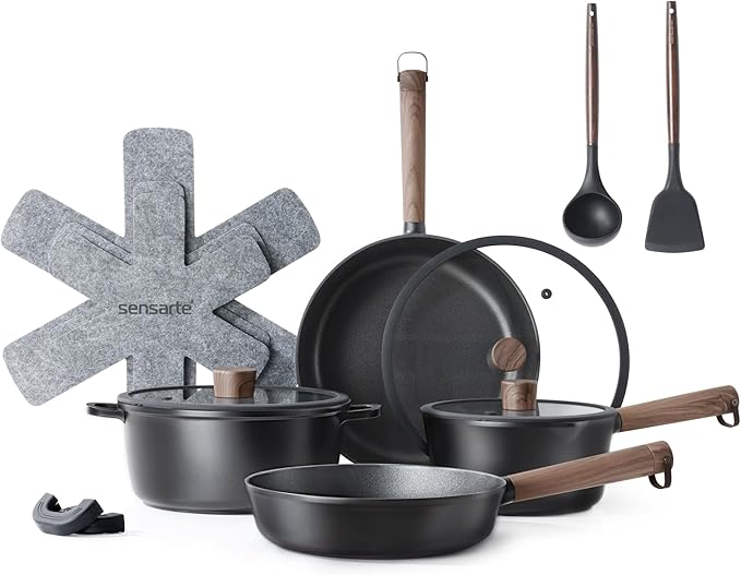 SENSARTE 14Pcs Pots and Pans Set Nonstick Cookware Set Kitchen Cooking Frying Pans with Stay-cool Handle, Dishwasher Safe, Induction Compatible, PFOA/PFOS Free, Black