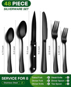 PHILIPALA Black Silverware Set, 48-Piece Flatware Set with Steak Knives for 8, Stainless Steel Mirror Cutlery Include Forks Spoons and Knives Set, Dishwasher Safe Utensils Set for Home Restaurant