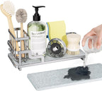 Consumest Sponge Holder for Kitchen Sink - Sink Caddy Organizer with Water Absorbing Stone Tray, Detachable Brush Holder, Stainless Steel Kitchen Counter Organizer Rack, Silver