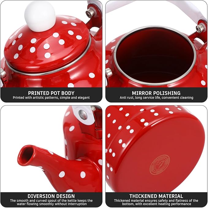 1.8 Quart Red Vintage Enamel Tea Kettle - Stovetop Safe Cute Retro Water Kettle, Enamel on Steel No Whistling Hot Water Pot for Home Kitchen Decor, Coffee & Tea Making