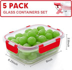VERONES 5 Pack 36 OZ Glass Meal Prep Containers, Airtight Glass Lunch Containers Set, Glass Food Storage Containers with Lids,Exclusive of BPA, for Microwave, Oven, Freezer & Dishwasher Friendly,Red