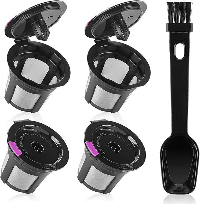 Reusable K Cups, 4 Pack Reusable Coffee Pods with Coffee Spoon, Refillable K Cups Coffee Filters with Food Grade Stainless Steel Mesh Compatible Fit for 1.0 Brewers Black