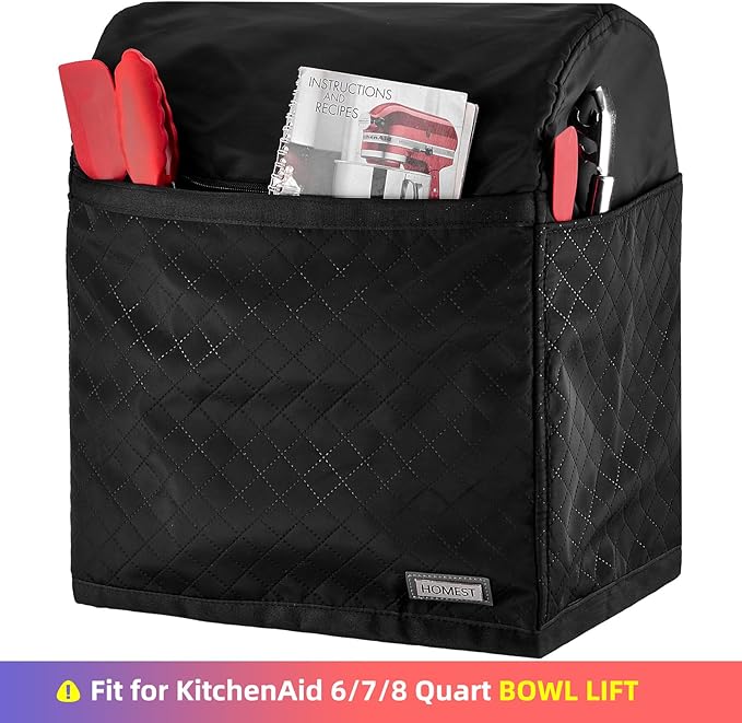 HOMEST Stand Mixer Quilted Dust Cover with Pockets Compatible with KitchenAid 6/7/8 Quart Bowl Lift, Black(Patent Design)