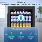 24 Inch Beverage Refrigerator Under Counter, 24" Space Built-In Beer and Drink Fridge with Glass Door for Soda, Water, and Milk - For Kitchen, Bar or Office