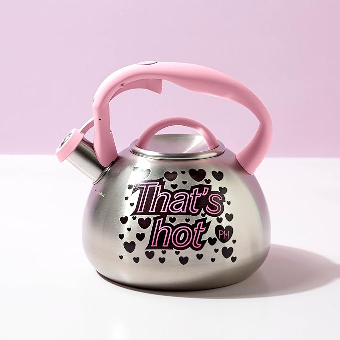 Paris Hilton Whistling Stovetop Tea Kettle, Stainless Steel with Color Changing "That's Hot" Heat Indicator Design, Soft Touch Handle, 2.5-Quart, Pink
