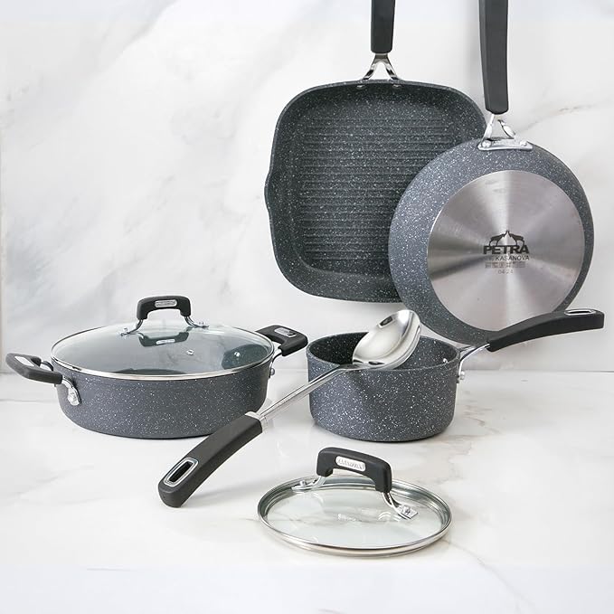 KASANOVA New Petra Dark 7-Pcs Cookware set Nonstick, Induction ready, Aluminum cookware set with glass lids, Frying Pans & Casseroles, PFOA free, with kitchen turner