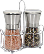 Premium Stainless Steel Salt and Pepper Grinder Set - Short Glass Shaker, Pepper Mill & Salt Mill with Adjustable Coarseness, Refillable for Himalayan or Sea Salt, Black Peppercorn, with Bonus Stand